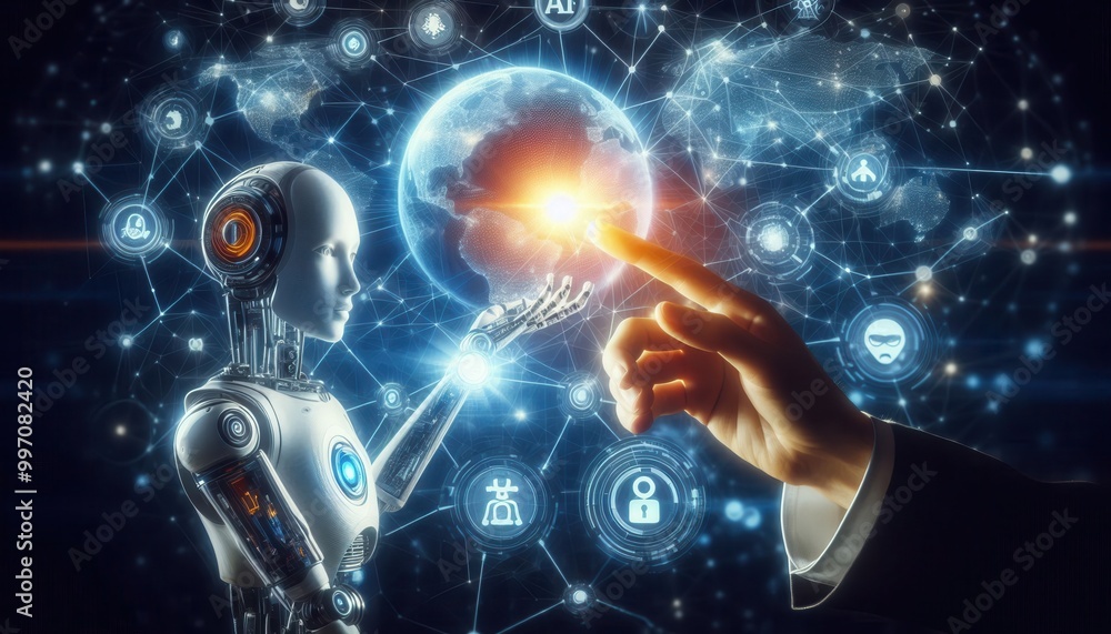 Poster a humanoid robot interacts with a glowing globe, symbolizing ai and global connectivity.