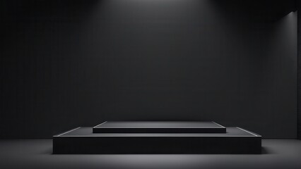 A minimalist black platform set against a dark backdrop, illuminated by soft lighting.