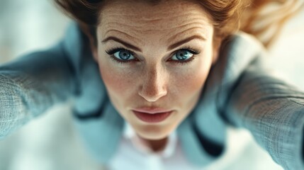 A close-up view of a determined woman with freckles and sharp gaze, captured in an upward angle emphasizing strength and empowerment in a bright setting.
