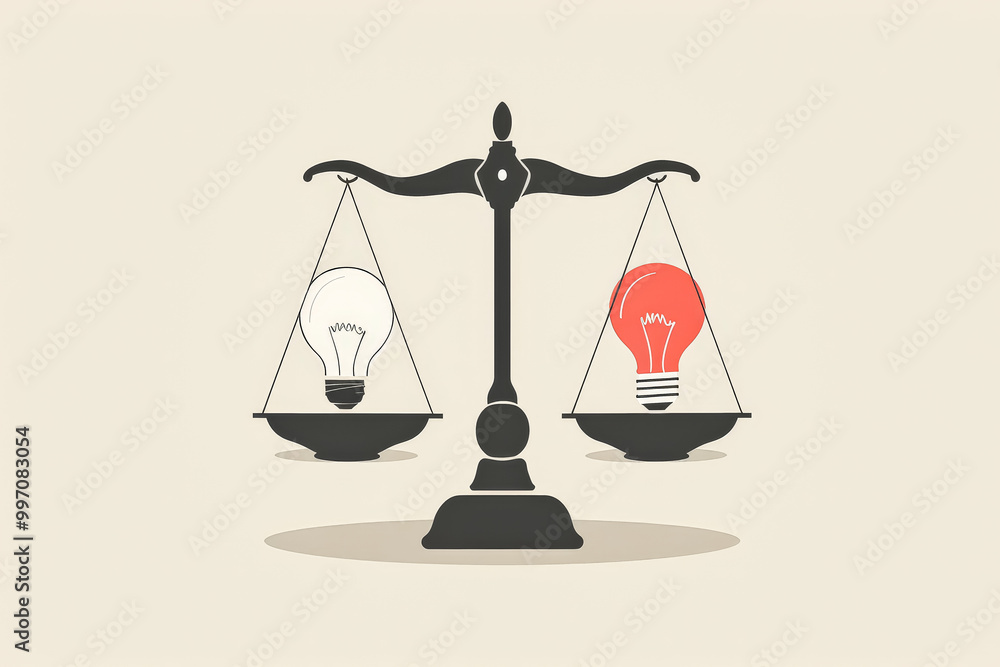 Aufkleber scale with a stack of money on one side and a light bulb on the other. the scale is balanced