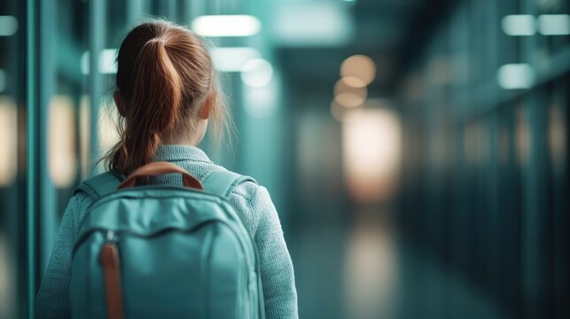 A red-haired girl seen from behind, wearing a light blue backpack, stands in a brightly lit school corridor, suggesting a moment of pause or contemplation. - Powered by Adobe