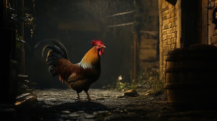Biblical, Rooster crowing in a dark courtyard