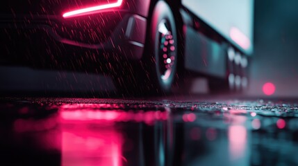 A visually striking image of a truck adorned with bright neon lights reflected on a rain-soaked road surface, creating a captivating and vibrant nighttime scene.