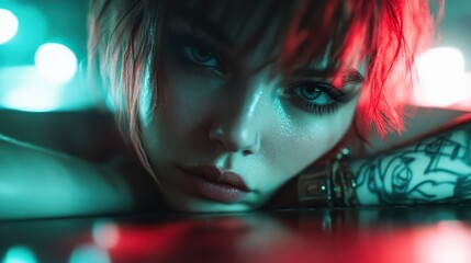 This image showcases colorful neon lights illuminating a dim setting, with a partial view of a tattooed arm in the foreground, capturing an artistic and vibrant atmosphere.