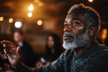 Naklejka premium Thoughtful Mature Man with Beard in Warm Lighting