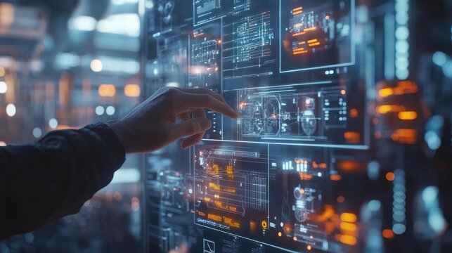 Technology industrial business process workflow organisation structure on virtual screen, IOT smart industry concept mixed media diagram, touch transparent screen. Generative AI technology.