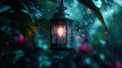 A charming rustic lantern quietly emits a warm glow, surrounded by raindrops and foliage in a lush garden backdrop, blending nature’s beauty with human craftsmanship.