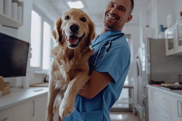  happy male vet doctor holding up and playing with an adorable  dog at the pet shop. 