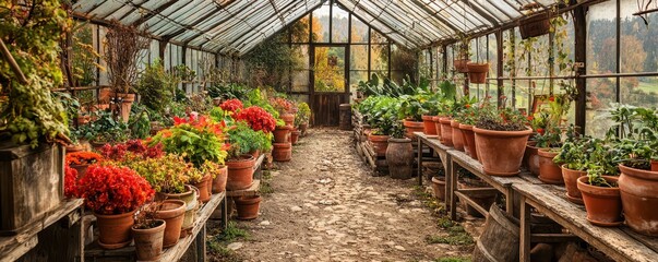 A rustic greenhouse on a farmhouse property, with rows of vibrant plants, terracotta pots, and old wooden benches used for potting