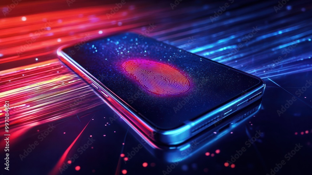 Poster unlock personal financial data with futuristic biometric fingerprint scanner on bobile phone. survei