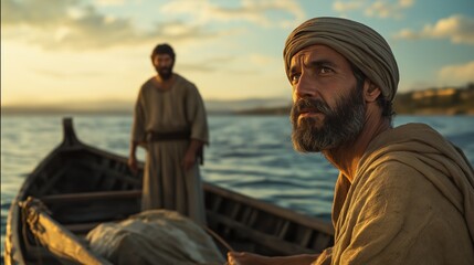 Fototapeta premium A vivid scene depicting Simon on a traditional fishing boat on the Sea of Galilee