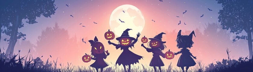 Fototapeta premium A group of kawaii characters in Halloween costumes