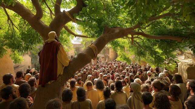 A vibrant scene of Zacchaeus perched in the branches of a sycamore-fig tree, watching Jesus