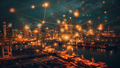 Fototapeta premium World map with logistic network distribution on background. Logistic and transport concept in front Industrial Container Cargo freight ship for Concept of fast or instant shipping, Online goods orders