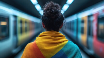 A back view of a person wrapped in a colorful shawl waiting in a subway station, reflecting a blend of modernity and personal journey in the bustling environment.