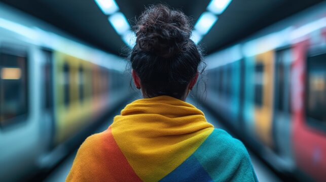 A back view of a person wrapped in a colorful shawl waiting in a subway station, reflecting a blend of modernity and personal journey in the bustling environment.