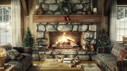 A rustic living room featuring a large fireplace made of fieldstone, a hefty wooden mantle, and cozy flannel sofas