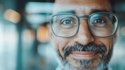 A man with glasses smiles warmly in a brightly lit setting, exhibiting warmth and friendliness, conveying a sense of approachability and comfort in this portrait.