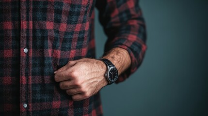 A man in a red and black flannel shirt adjusts his pocket, showcasing a casual yet rugged style, emblematic of outdoor or lumberjack fashion.