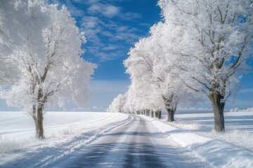 Obraz premium Beautiful winter landscape with trees covered in snow and a blue sky, a road through the field, infrared photography, hyper-realistic, white and light grey colors, high resolution