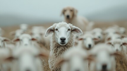 A lone sheep in focus stands among a flock of sheep, with a watchful dog in the background, likely representing a shepherding scene in rural surroundings.
