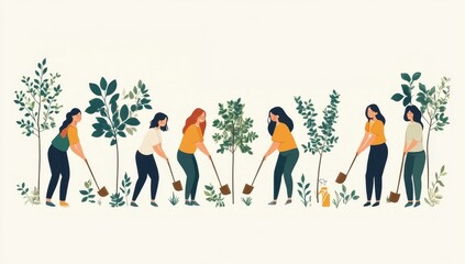 Obraz premium employees volunteering together in a tree planting project. volunteer project, charity, tree planting campaign, donation and social service