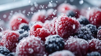 This high-definition image captures a macro perspective of frozen raspberries and blackberries,...