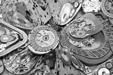 Old mechanical watches with gears and cogs. Watch or clock mechanisms