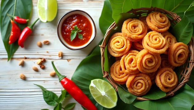 Kuih Siput Crispy Spiral-Shaped Snacks with Spicy Dipping Sauce and Lime (Malaysian Cuisine)