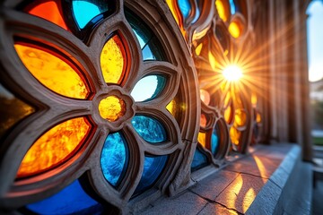 Realistic close-up of the intricate stained-glass windows inside Batalha Monastery, with sunlight streaming through the vibrant colors