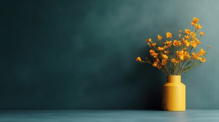 A minimalist image featuring a bouquet of vibrant yellow flowers arranged in a matching yellow vase, set against a dark teal wall, creating a striking contrast.
