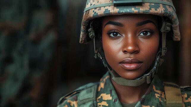 Young black woman wearing military uniform including camouflage fatigues and a helmet. She is ready for war to protect and serve her country. generative ai