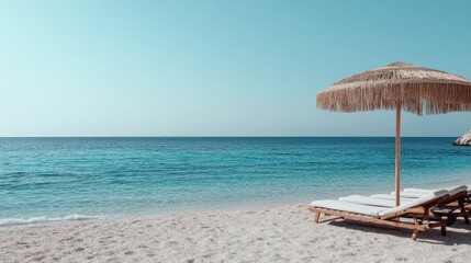 A clear, sunny beach with pristine sand and azure waters, equipped with empty wooden sun loungers and straw umbrellas, evoking a sense of solitude and peace.