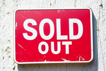 a plate with an inscription SOLD  OUT , symbolizing unavailable products or tickets due to high demand.