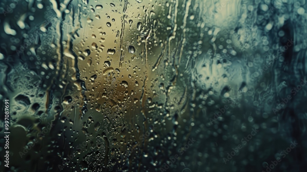 Poster a close-up of a rain-soaked window, with water droplets creating intricate patterns