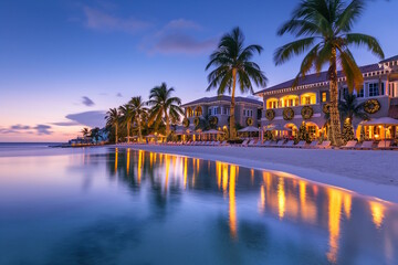 Naklejka premium Luxury Beachside Resort Decorated for Christmas, Festive Tropical Holiday at Sunset