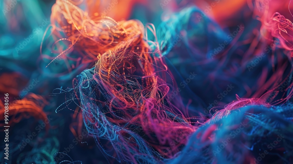 Poster a complex network of interwoven threads in vibrant colors and textures