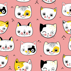 Seamless Pattern with Cartoon Cat Face Design