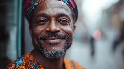 A joyful man wears vibrant traditional attire, exuding warmth and happiness in a street setting. The background is softly blurred, enhancing his bright smile.