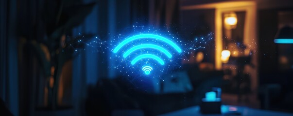 A blue Wi-Fi icon illuminates, signaling a strong connection in a smart home environment.