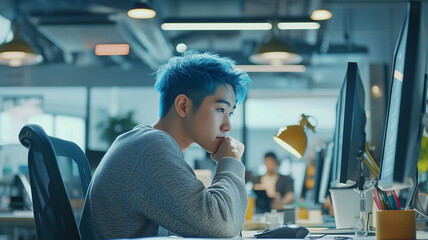 Gay gen z asian man with blue hair working in an office with other collegues, open office landscape. Acceptance of diverse people, multiracial colleagues in an office. Inclusive theme.