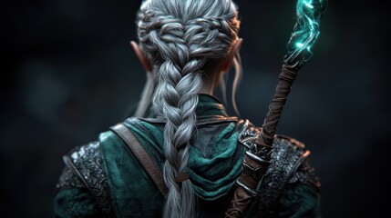 An elf character with braided silver hair and pointed ears holds a glowing blue staff, showcasing their mystical nature and readiness for a magical adventure.