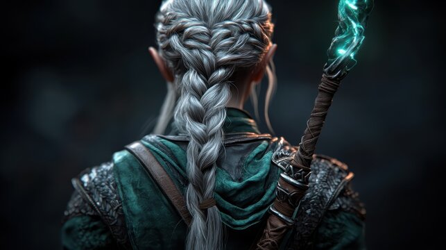 An elf character with braided silver hair and pointed ears holds a glowing blue staff, showcasing their mystical nature and readiness for a magical adventure. - Powered by Adobe