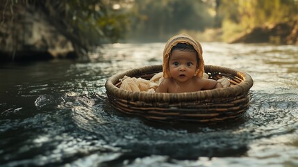 A mother places her baby in a papyrus basket and sets it on the Nile. biblical