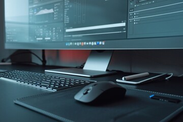 Naklejka premium Digital Workspace: Sleek and modern workspace setup featuring a large monitor displaying data graphs, a wireless keyboard, mouse, smartphone, and stylus. Perfect for illustrating technology.