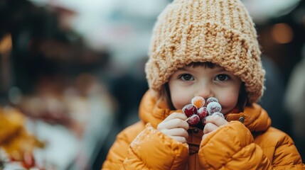An outdoor scene featuring a child snugly dressed in a cozy knitted hat and warm orange winter jacket, creating a cozy and heartwarming portrayal of a winter day.