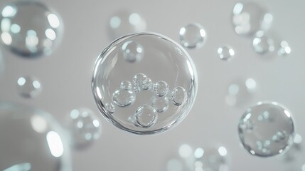 Fototapeta premium Clear 3D bubbles float and bump against each other in midair, with a grey background.