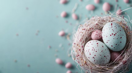 A charming nest containing two large speckled blue eggs and several smaller pink eggs, with scattered pink eggs surrounding, against a soft blue background.