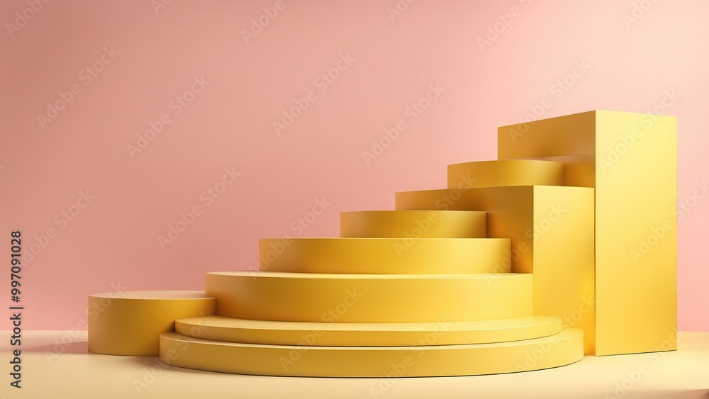 Poster A minimalist display of yellow geometric shapes arranged in ascending order against a pink backdrop.