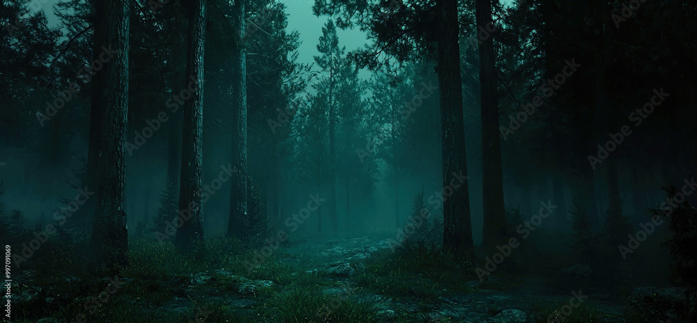 Poster A dark forest with trees and a path